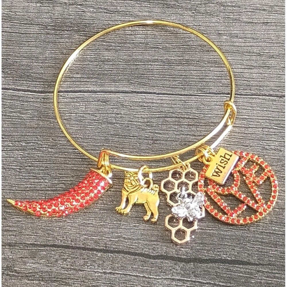 Red Rhinestone Charm Honeycomb Bee Bulldog Pepper Love Wish Gold Tone Bangle